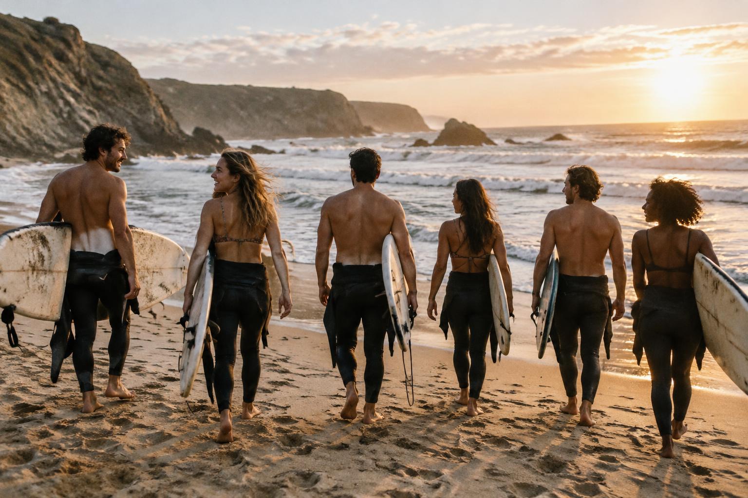 Friends heading to the ocean with their surfboards