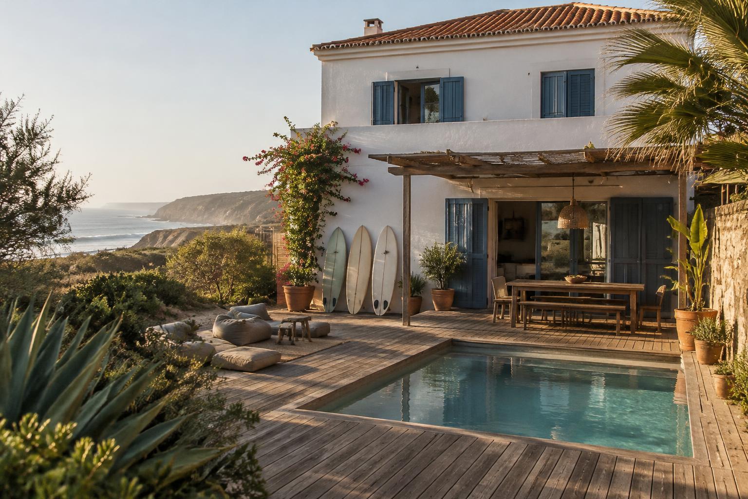 Illustrative Portuguese surf house and sunlit courtyard
